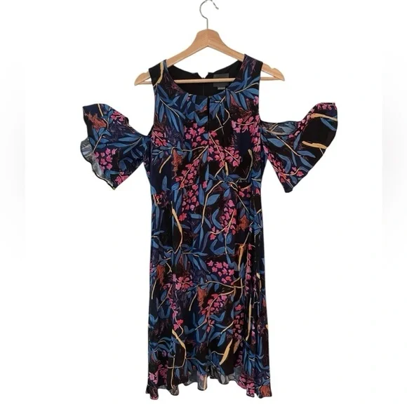 Anthropologie Maeve Open Shoulder Dress Floral Black A Line Size 10 and 6 - Picture 9 of 9